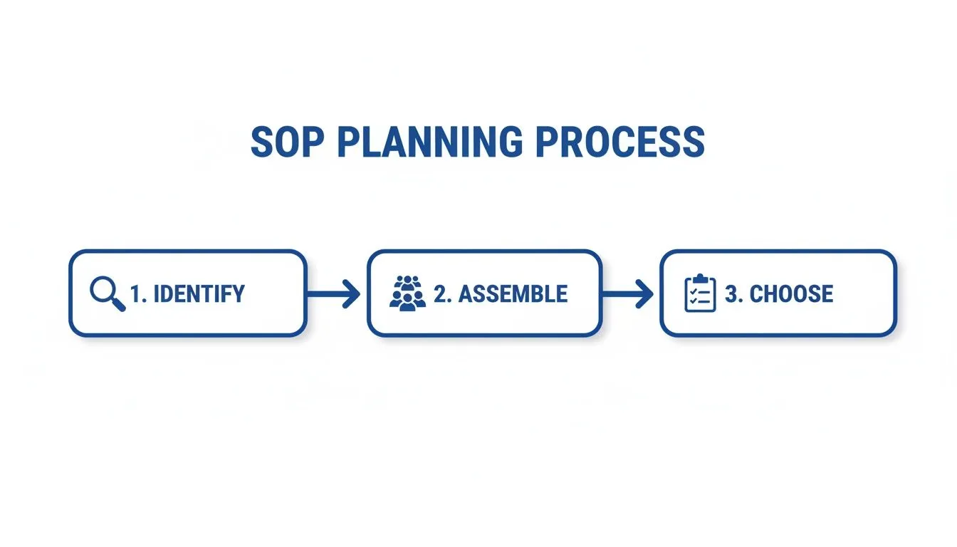 A clear diagram outlining the SOP planning process with steps: Identify, Assemble, and Choose.