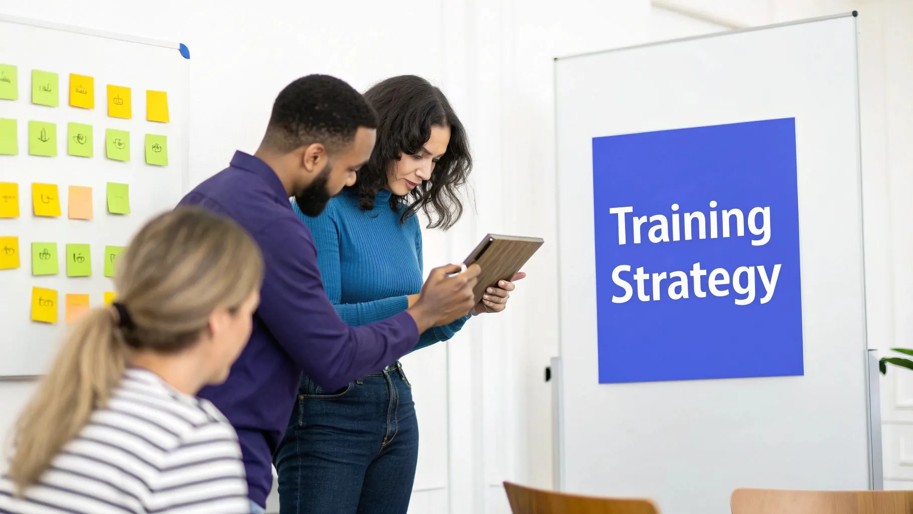 Diverse colleagues collaborate in an office, reviewing a training strategy on a tablet and whiteboard.