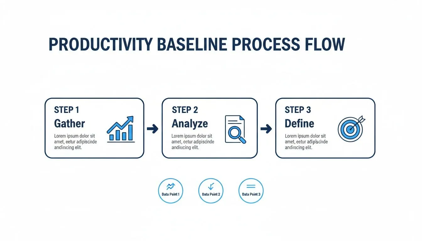A productivity baseline process flow diagram with three steps: Gather, Analyze, and Define.