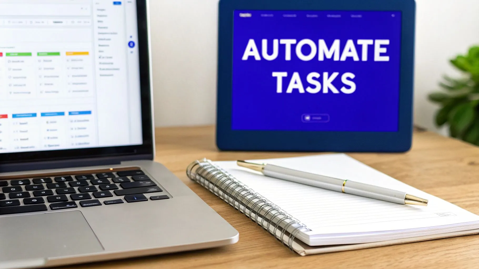 A laptop and tablet on a wooden desk, tablet screen shows 'AUTOMATE TASKS'.