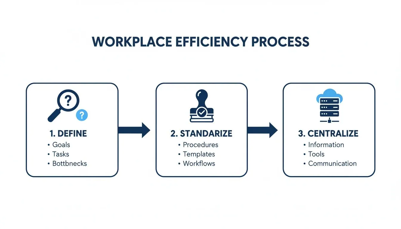 Infographic shows a 3-step workplace efficiency process: define, standardize, and centralize with key actions.