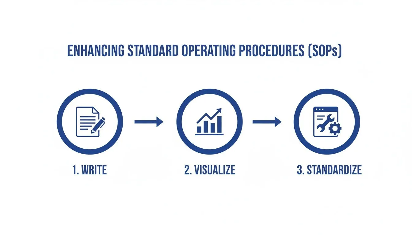 A three-step process diagram illustrating how to enhance Standard Operating Procedures (SOPs): Write, Visualize, Standardize.
