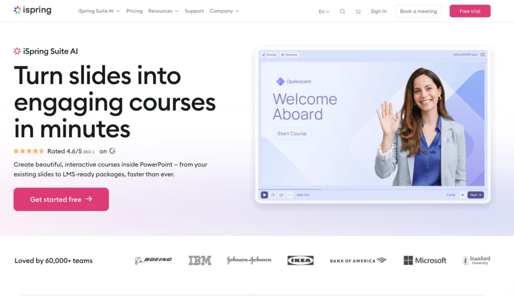 iSpring Suite showing course authoring tools for building onboarding training content