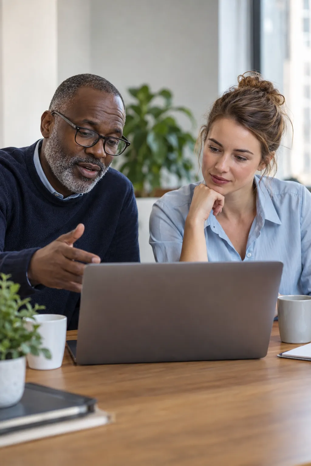 Two colleagues going through something together on one laptop