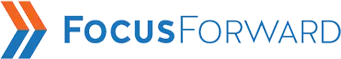 Logo with the text "FOCUS FORWARD" and an icon consisting of three arrows pointing to the right in orange and blue, symbolizing streamlined onboarding.
