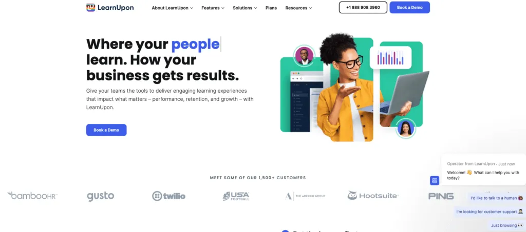 LearnUpon showing multi-portal learning management and reporting dashboards