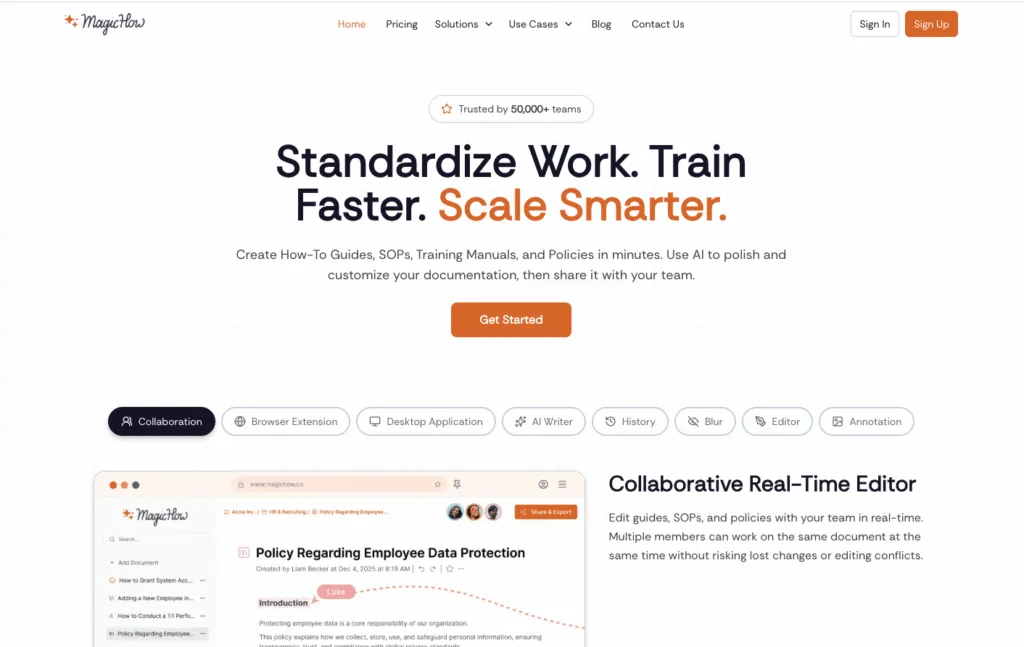 MagicHow homepage showing its tool for creating how-to guides, SOPs and training manuals from screen recordings
