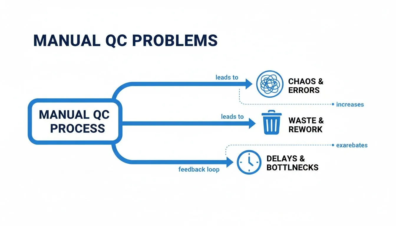 A diagram showing manual QC process problems: chaos, errors, waste, rework, delays, and bottlenecks.