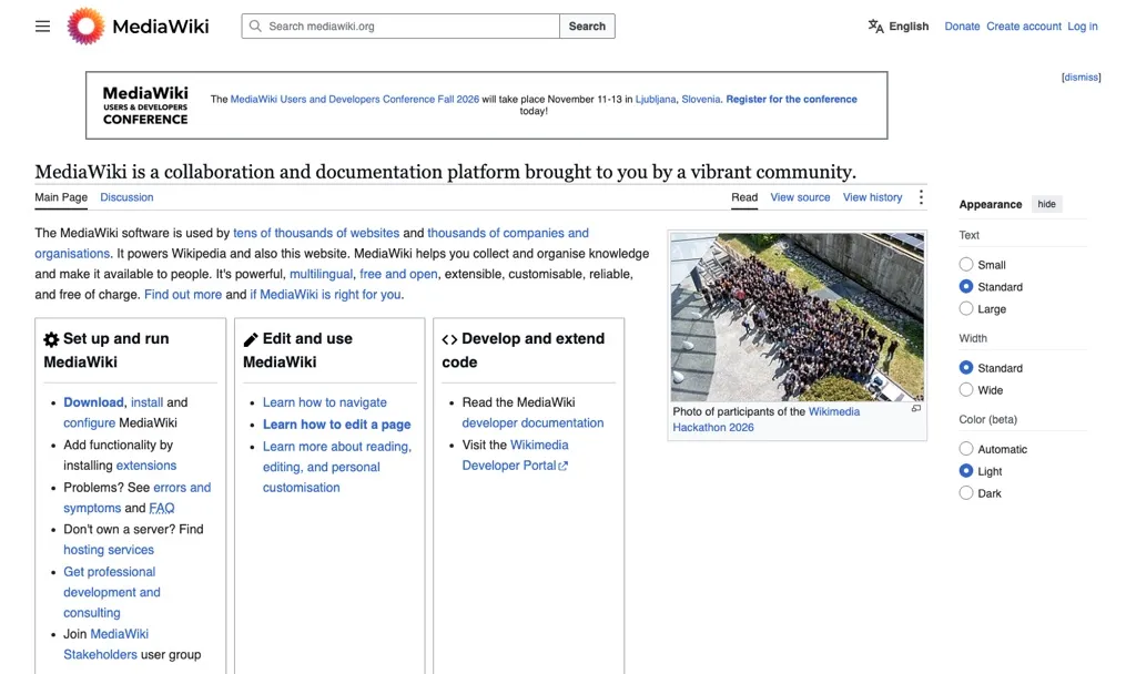 MediaWiki homepage showing its collaboration and documentation platform