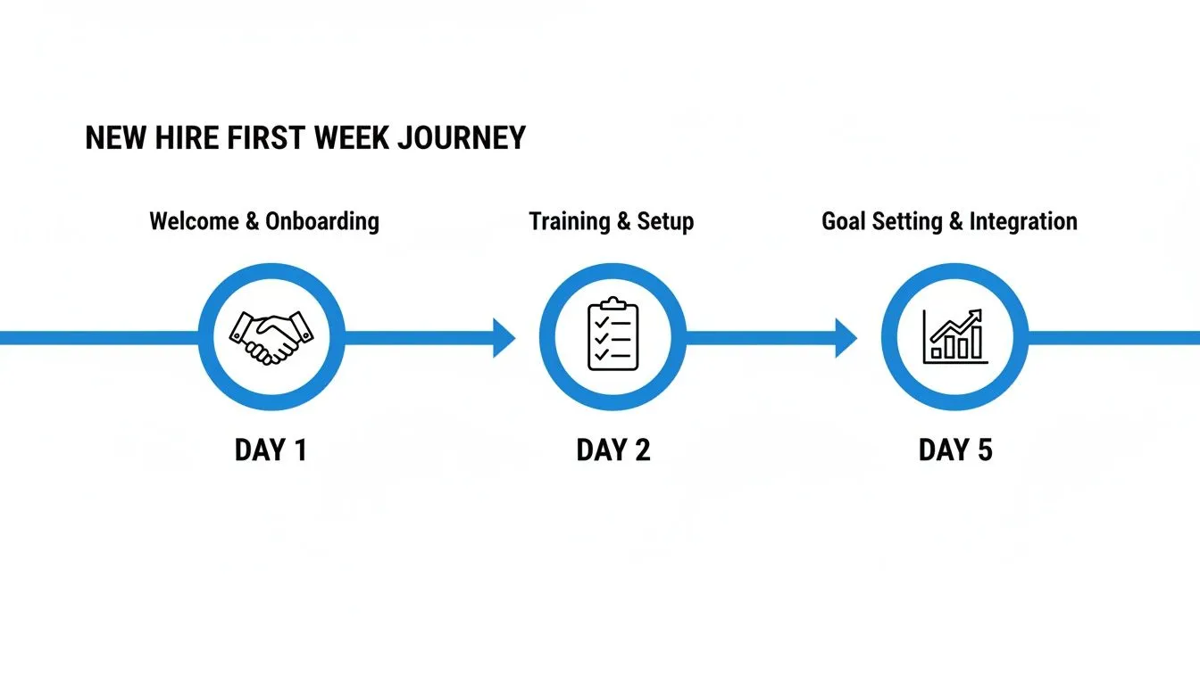 Timeline illustrating a new hire's first week journey: Day 1 welcome, Day 2 training, Day 5 goal setting.