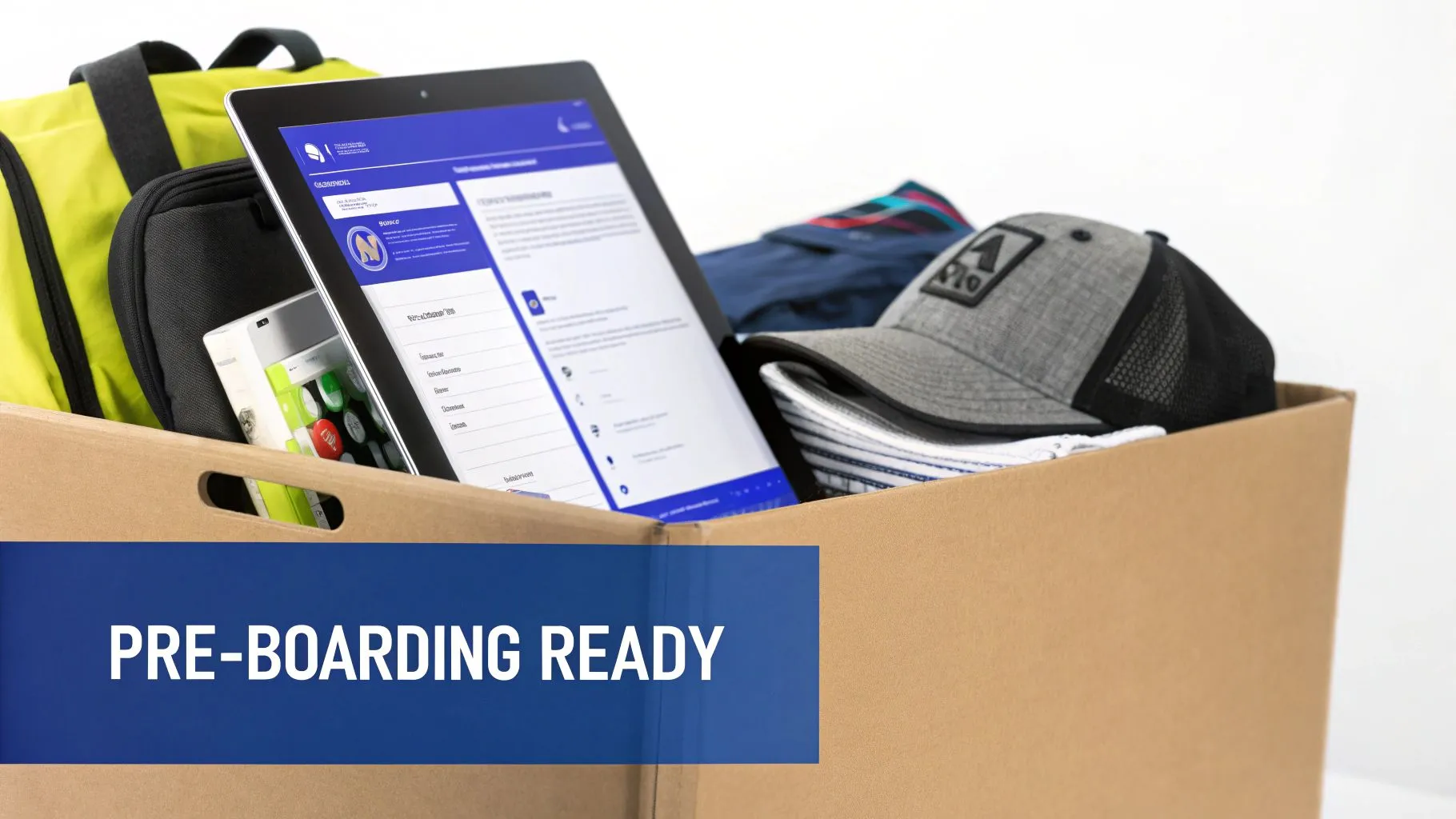 A cardboard box filled with new employee onboarding essentials, including a tablet, bag, and cap.