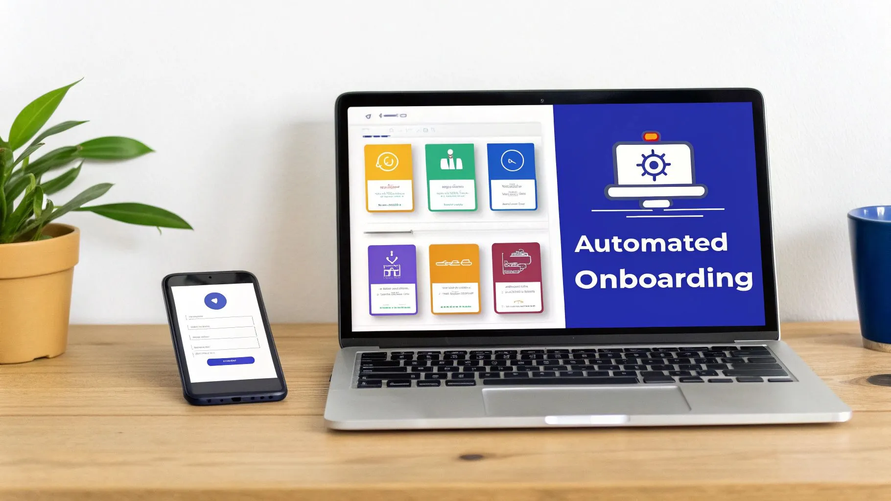Laptop displaying an "Automated Onboarding" screen and a smartphone with a login form on a desk.