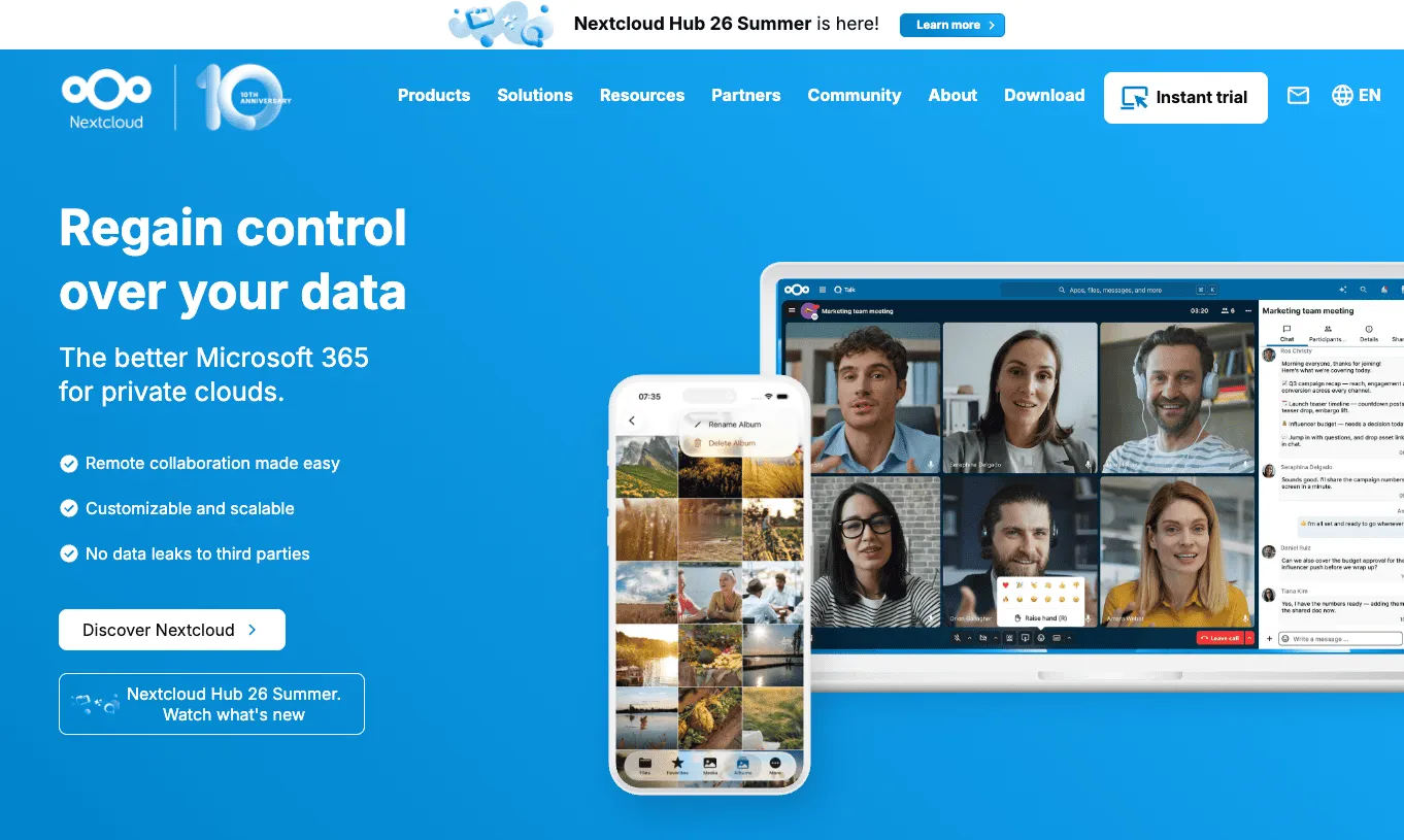 The Nextcloud homepage with the headline Regain control over your data, and a video call on a laptop next to a photo gallery on a phone