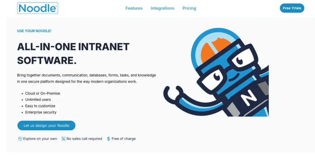 Noodle by Vialect showing its flat-rate intranet with content, scheduling and video calling in one site