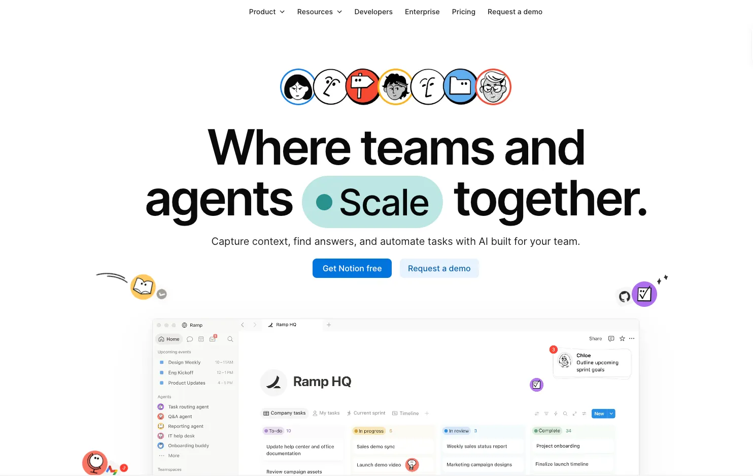 The Notion homepage with the headline Where teams and agents Scale together, and a company workspace below it