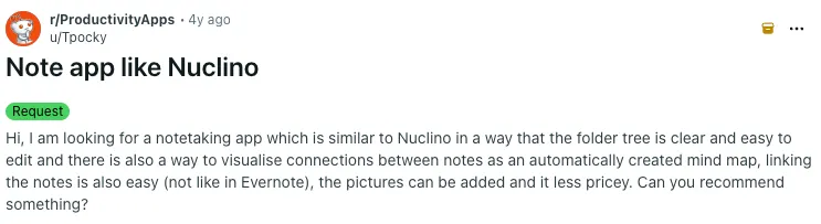 Reddit post on r/ProductivityApps titled Note app like Nuclino, asking for a note-taking app similar to Nuclino with a clear folder tree, linked notes and a lower price