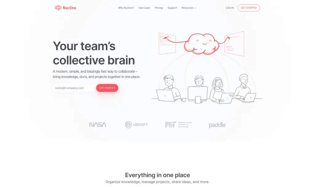 Nuclino homepage showing its collective brain workspace for team knowledge and docs