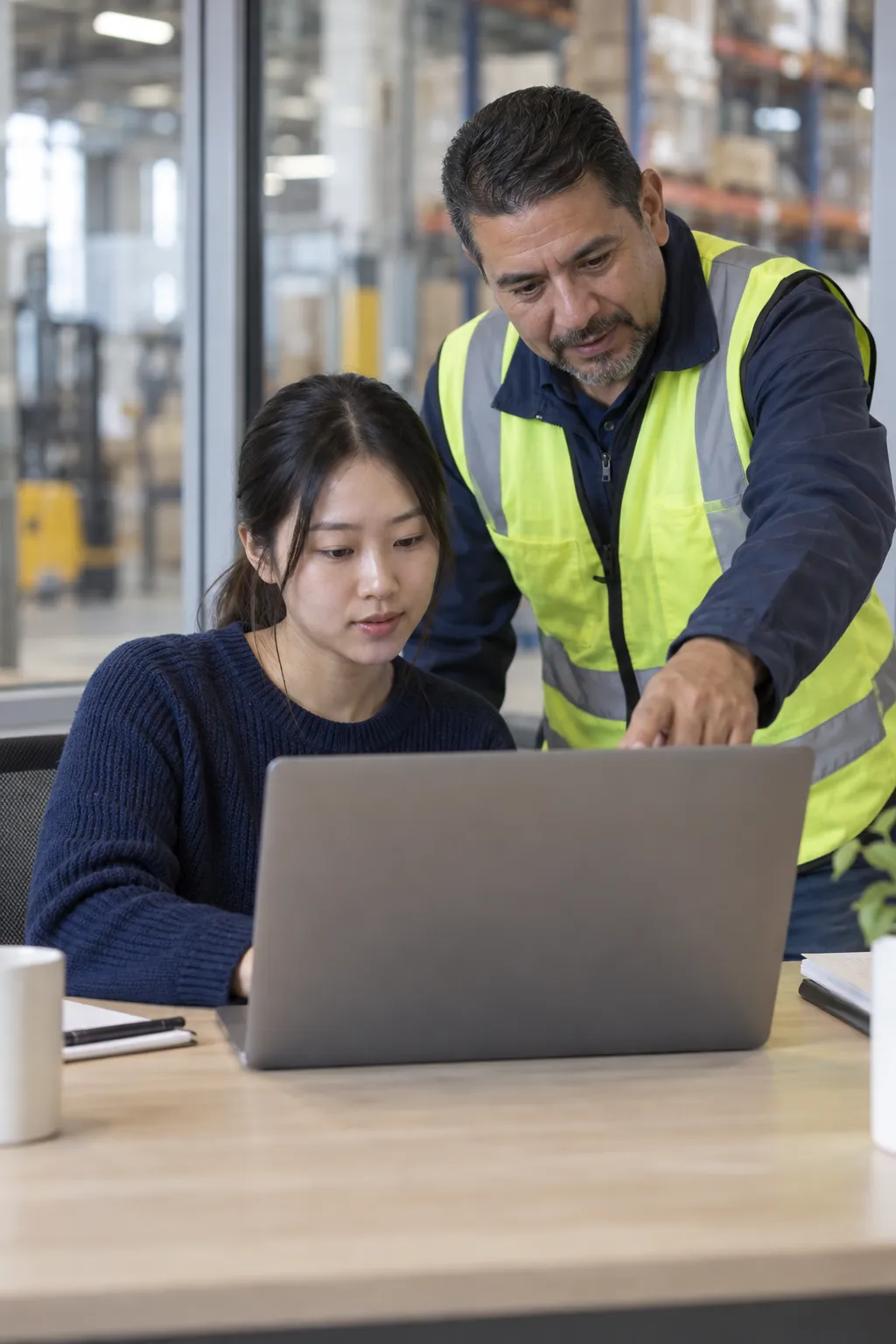 A colleague in a hi-vis vest guiding a new hire at a laptop in a warehouse office