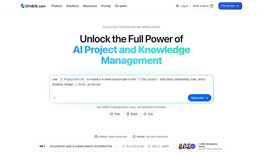 ONES homepage showing its AI project and knowledge management platform