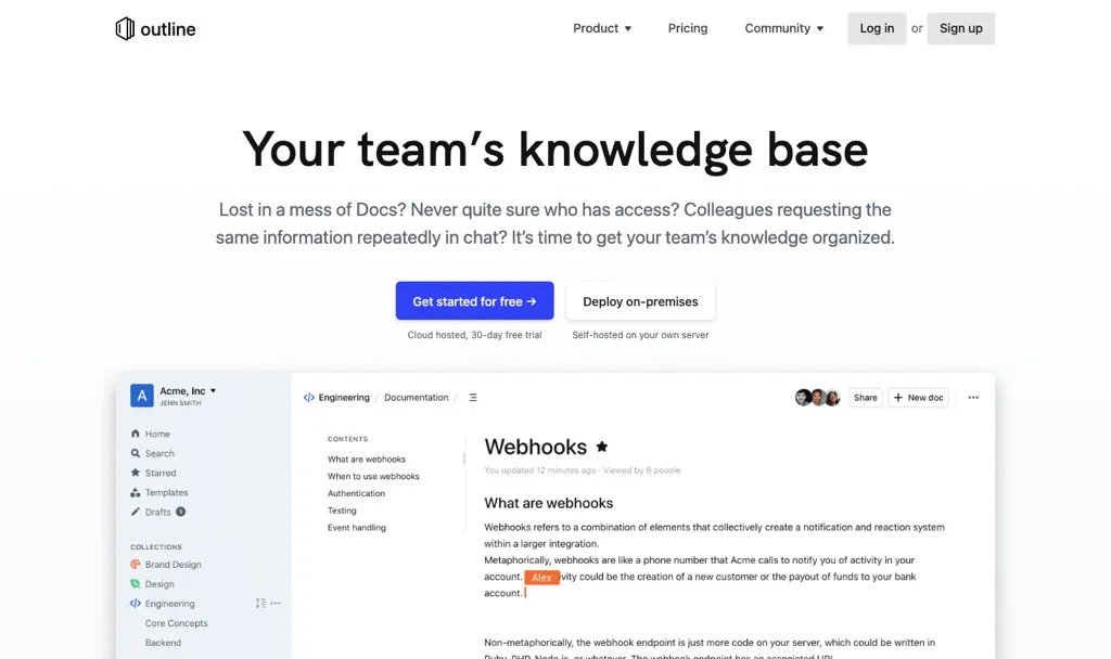 Outline homepage showing its team knowledge base and document editor