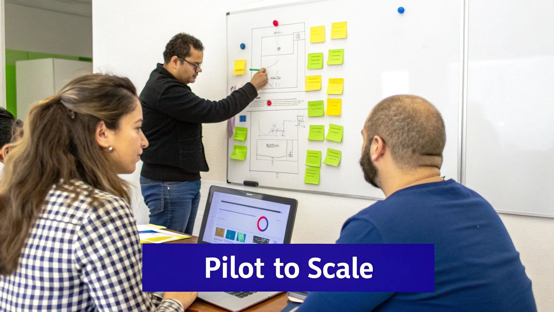 Diverse team collaborates on a whiteboard with diagrams and colorful sticky notes in a planning session.