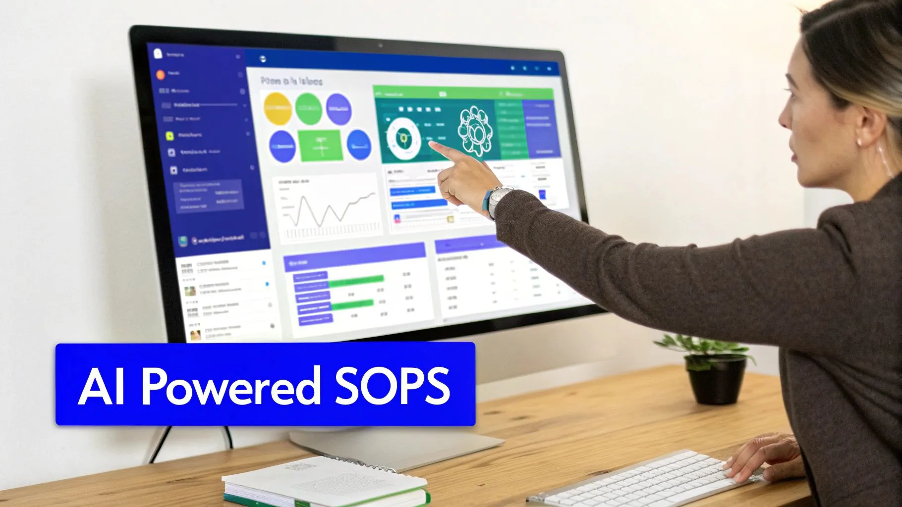 A woman interacts with a computer screen showing an AI-powered SOPs dashboard with charts.