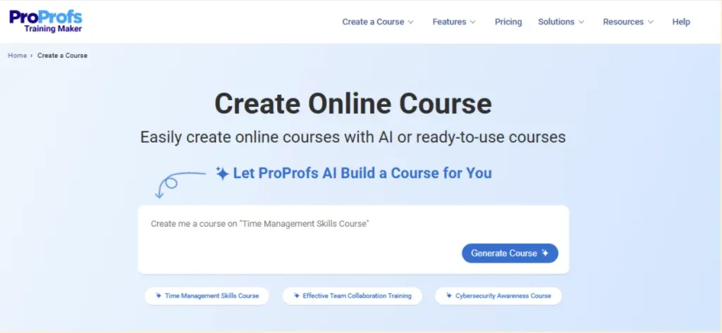 ProProfs Training Maker course creator showing an AI-generated employee training course.