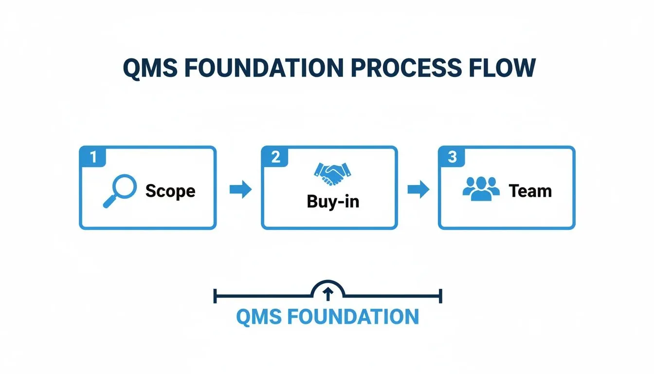 QMS Foundation process flow with three steps: Scope, Buy-in, and Team, essential for successful implementation.