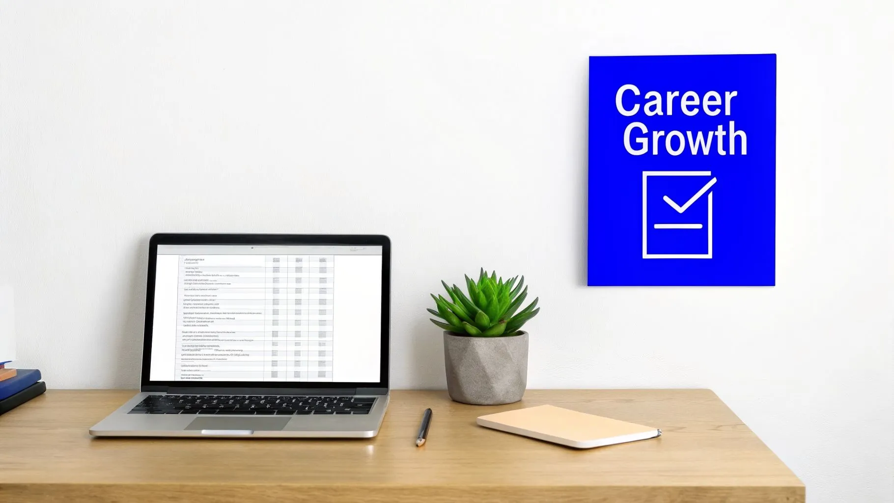 A minimalist desk setup with a laptop, a plant, and a 'Career Growth' sign on the wall.