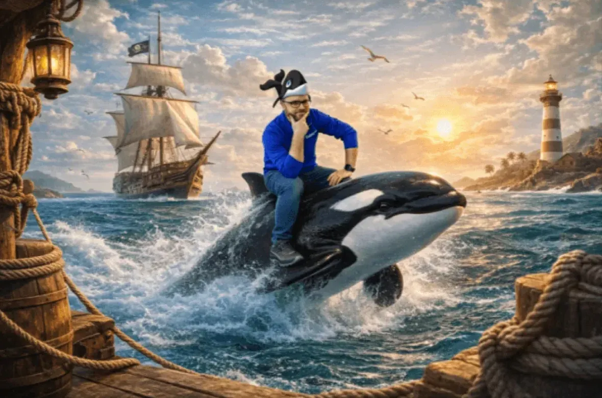 The picture Ryan's team made: Ryan in a whale hat riding an orca at sea