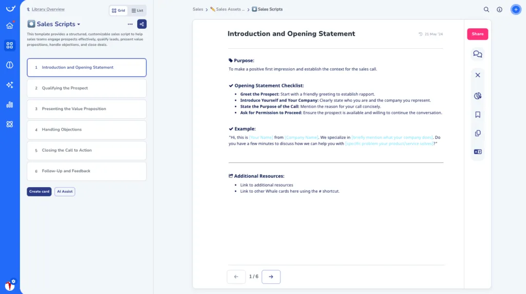 Sales Script Template in Whale