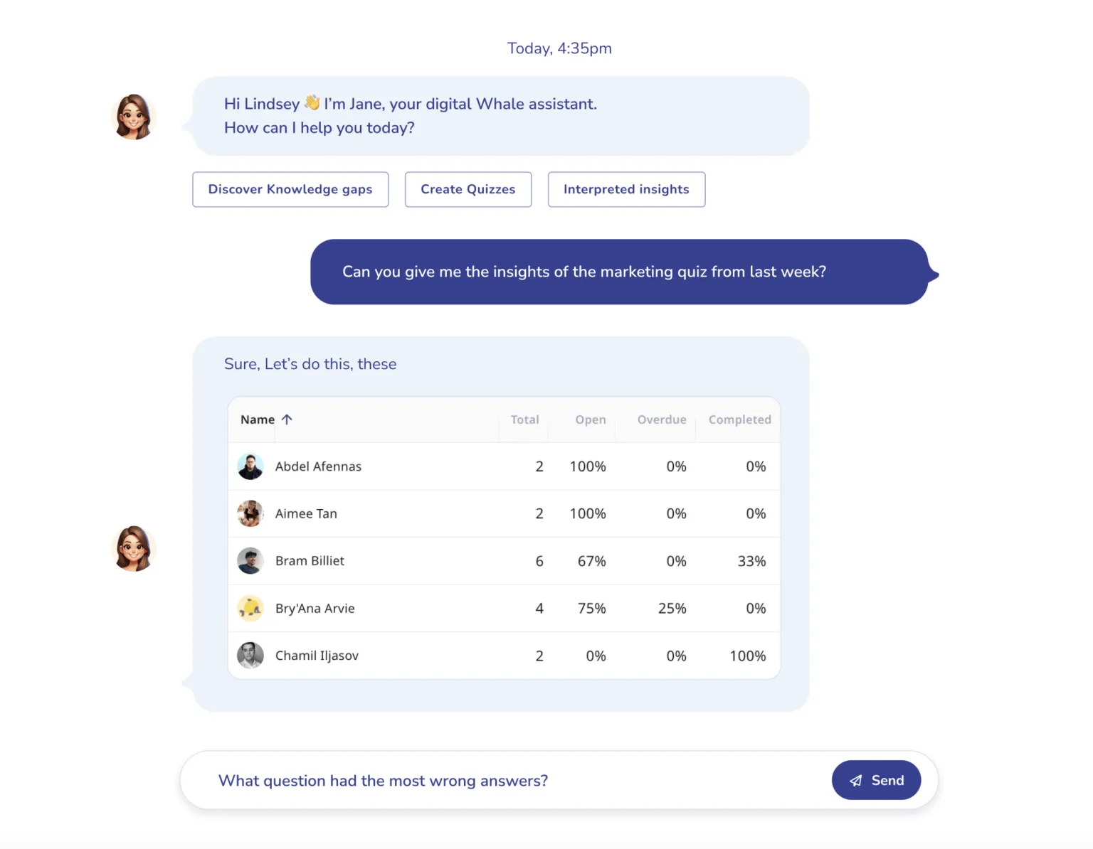 A screen shot of a chat screen capturing an Employee training session.