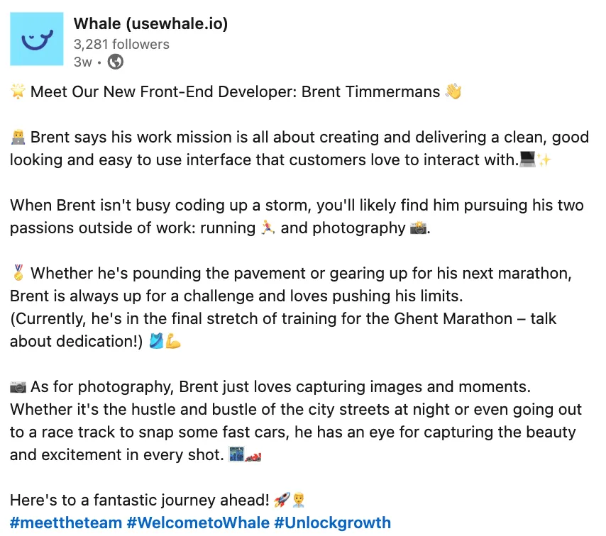New hire welcome message on LinkedIn