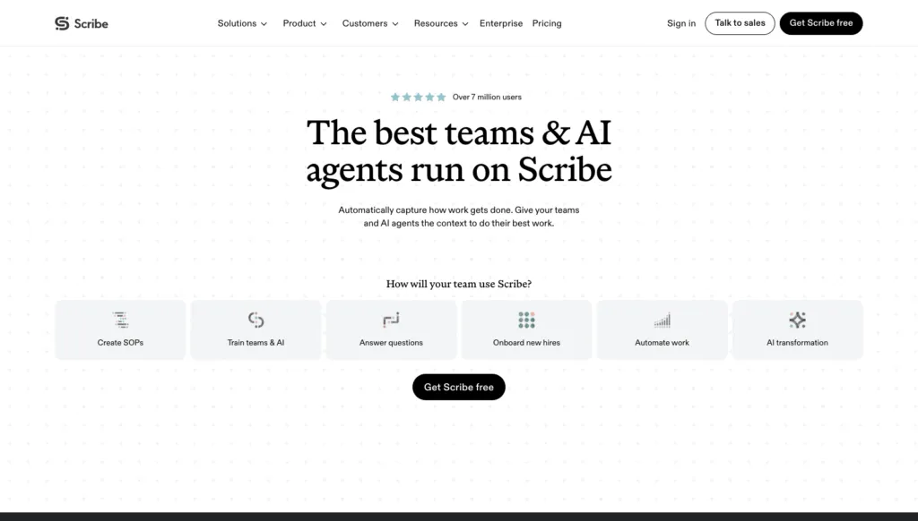 Scribe homepage showing its automatic step-by-step guide and SOP capture product