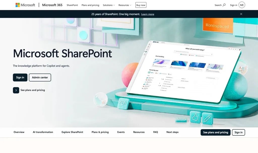 Microsoft SharePoint homepage showing its knowledge platform for Copilot and agents