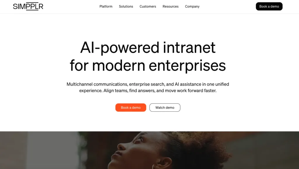 Simpplr showing its AI-powered employee experience platform and personalised intranet feed