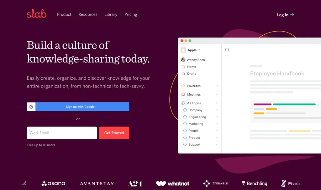 Slab homepage showing its knowledge-sharing platform and employee handbook