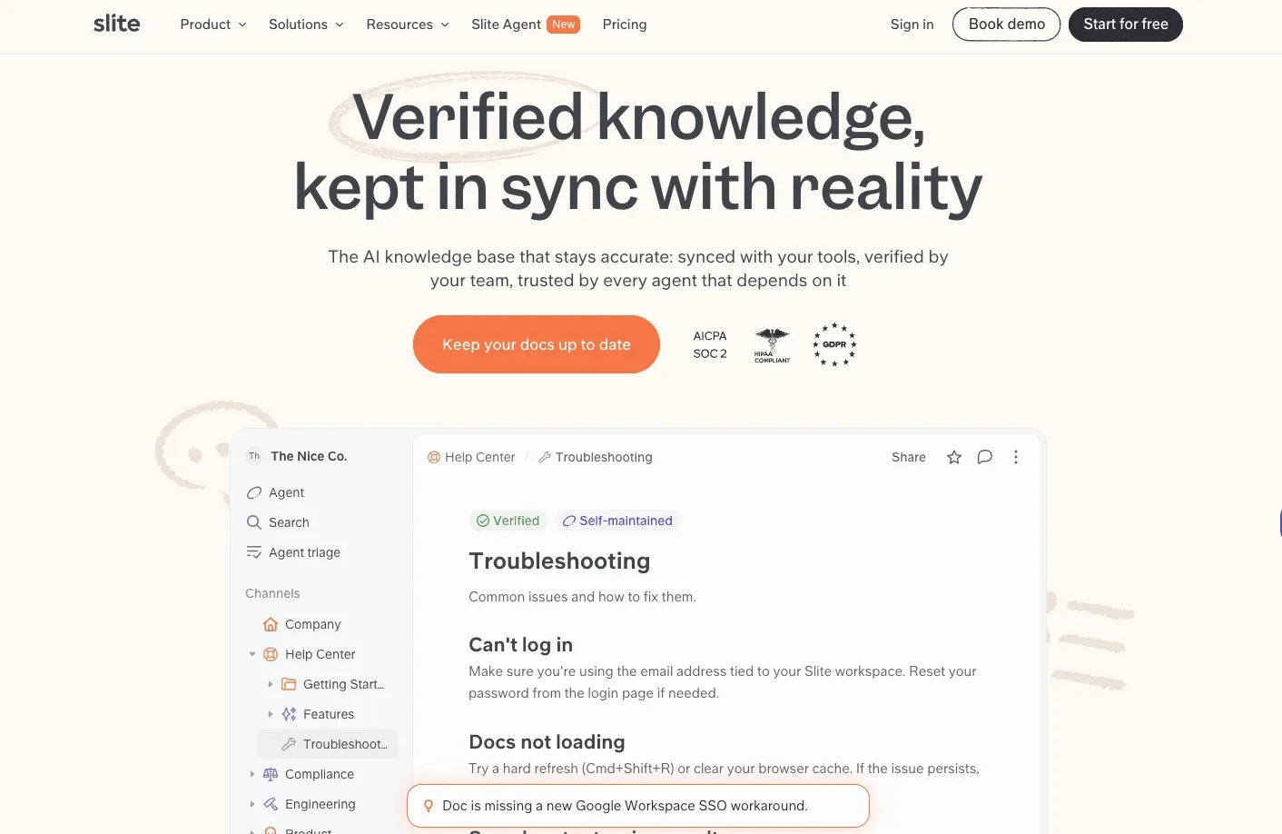 Slite homepage showing its verified knowledge base kept in sync with connected tools