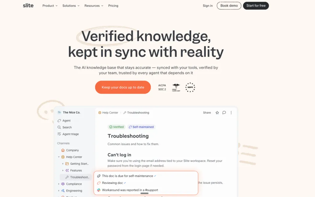 Slite showing an AI-assisted team knowledge base that stays in sync with connected tools