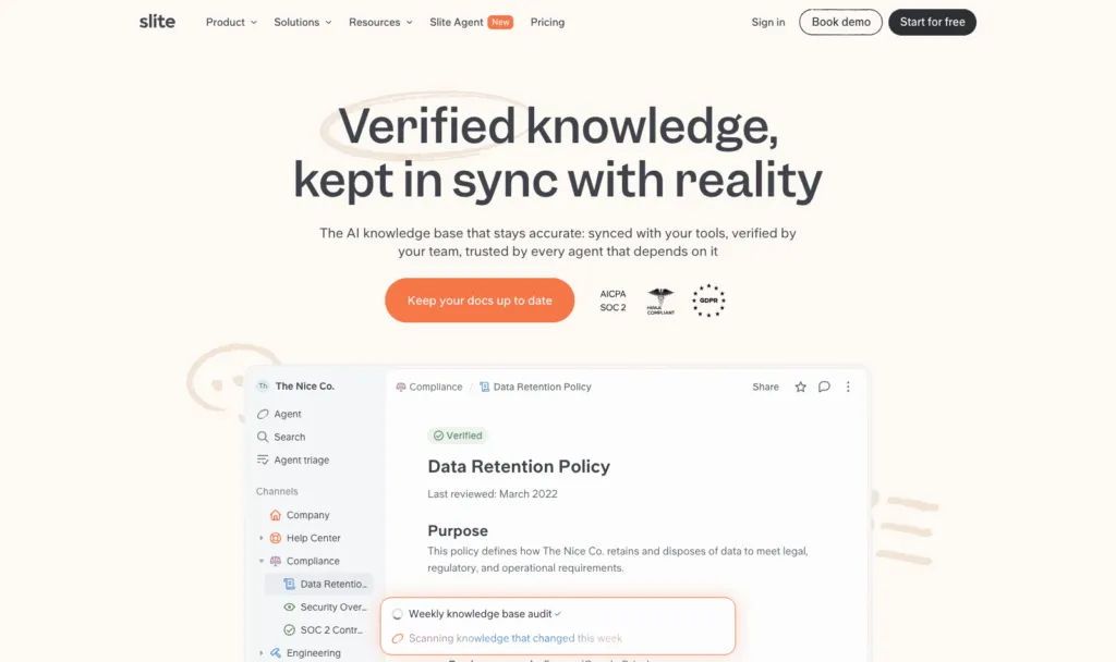 Slite homepage showing its AI knowledge base that keeps docs verified