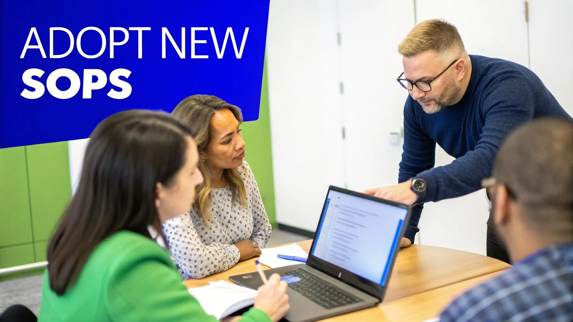 Four diverse colleagues collaborating on new SOPs with a laptop in a modern office.