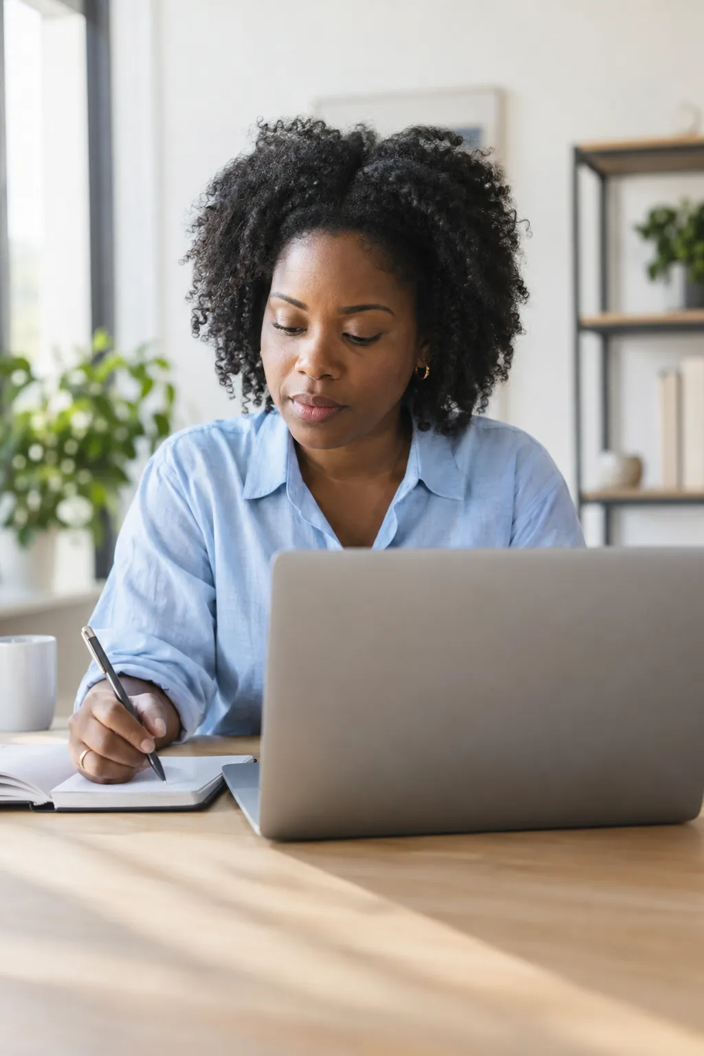 Someone at a desk writing up a procedure on a laptop, a notebook beside it