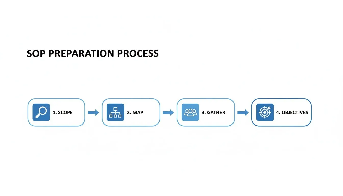 Flowchart illustrating the SOP preparation process, outlining steps: Scope, Map, Gather, and Objectives.