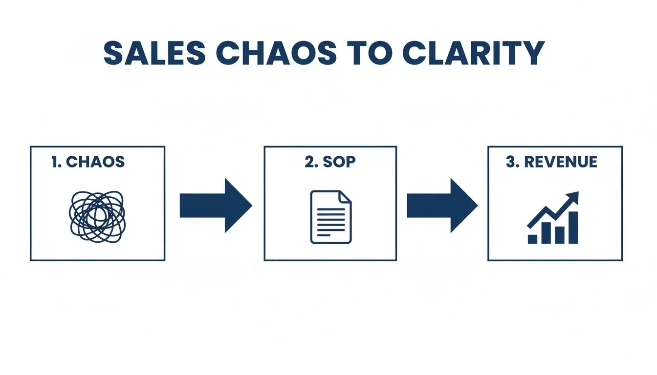 A three-step diagram illustrating sales process from chaos to standard operating procedures leading to revenue growth.