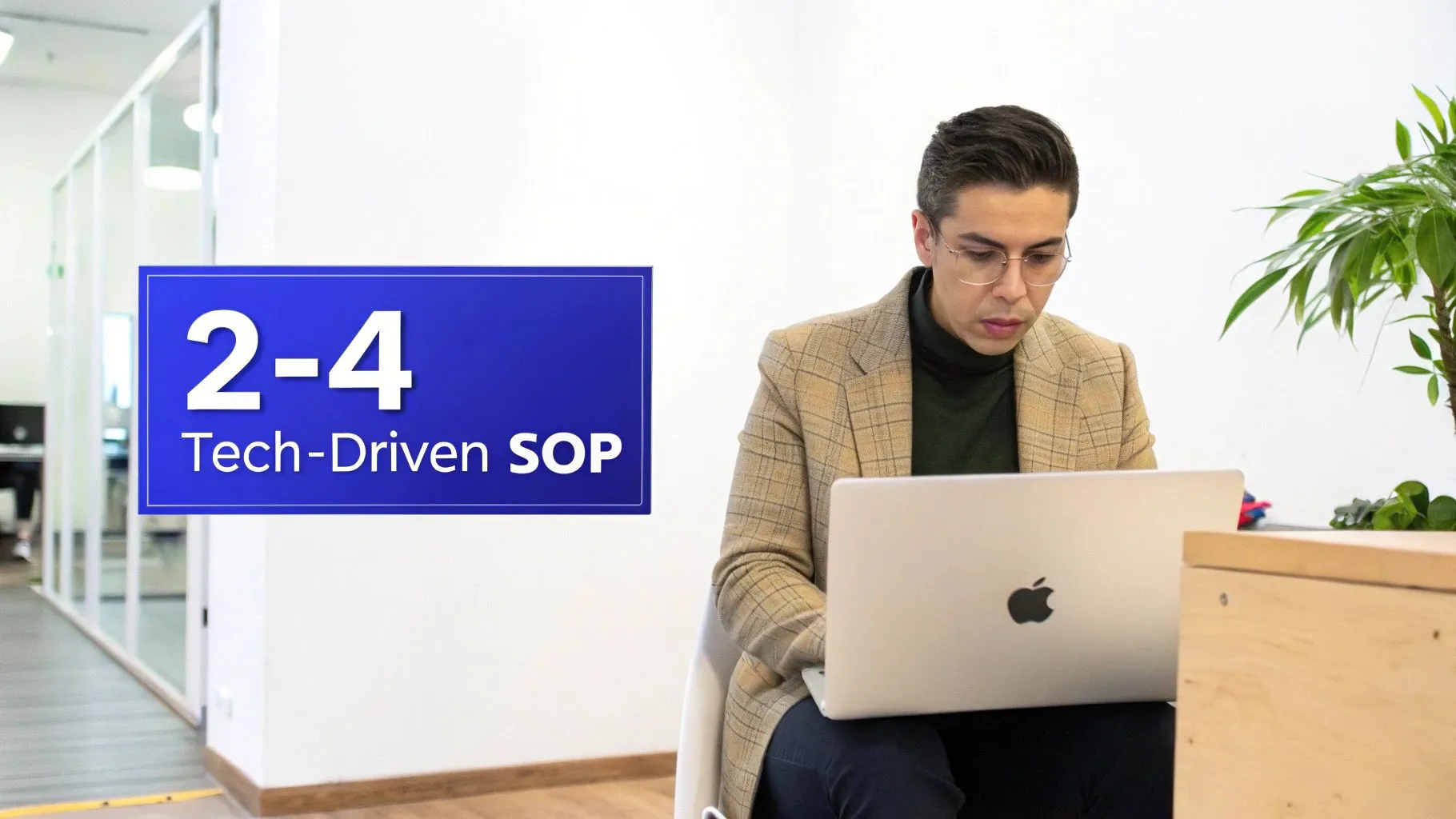 A man in glasses works on a laptop in an office, with a blue sign reading '2-4 Tech-Driven SOP'.
