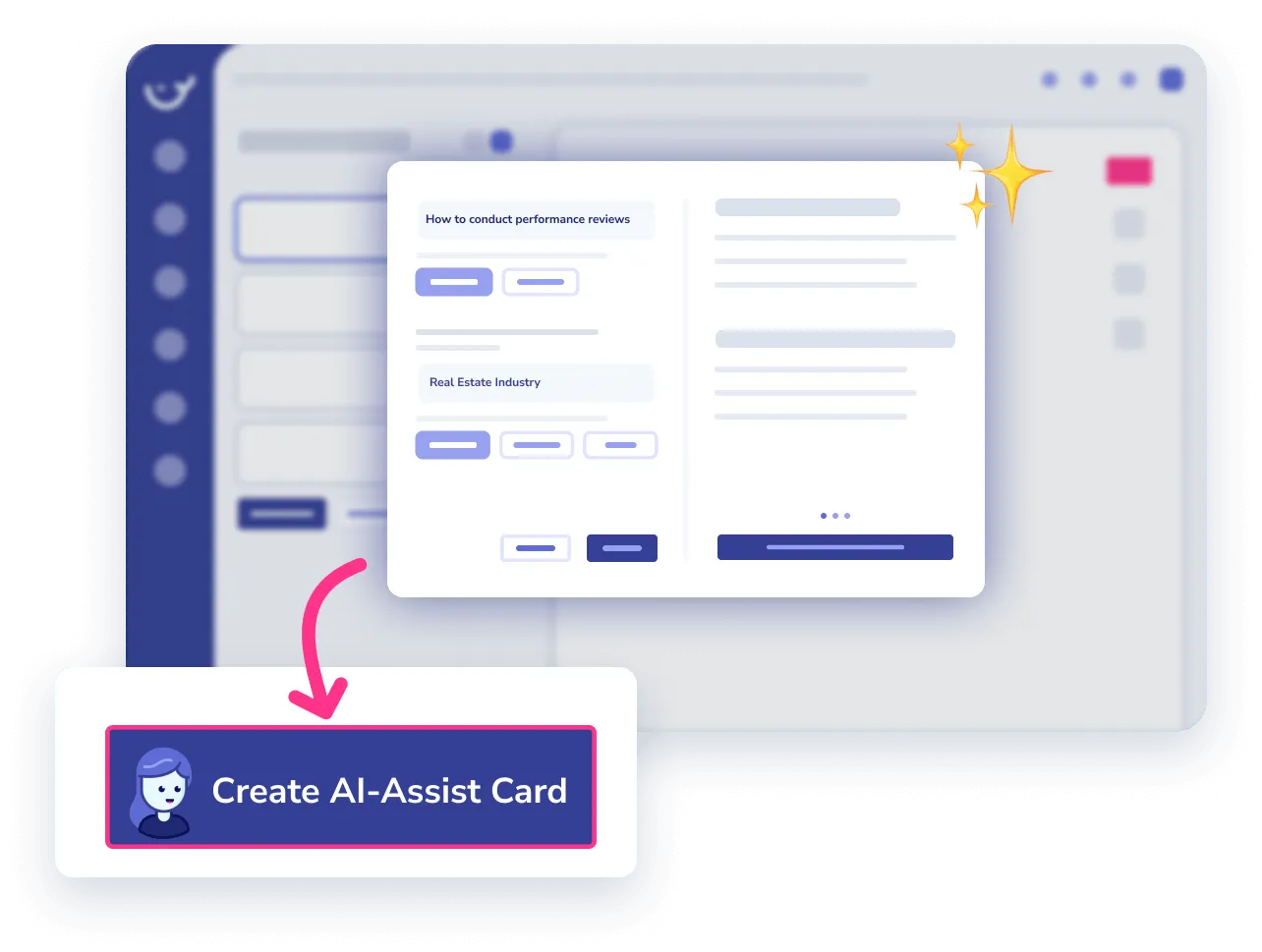 A screenshot features a form for creating an "AI-Assist Card." A highlighted section with an icon and text reads "Create AI-Assist Card," indicated by a pink arrow.