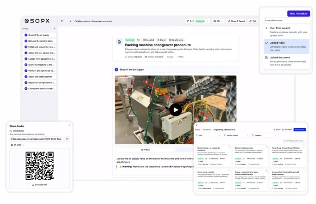 SOPX turning a phone video of a packing machine changeover into a step-by-step SOP with a video clip on each step