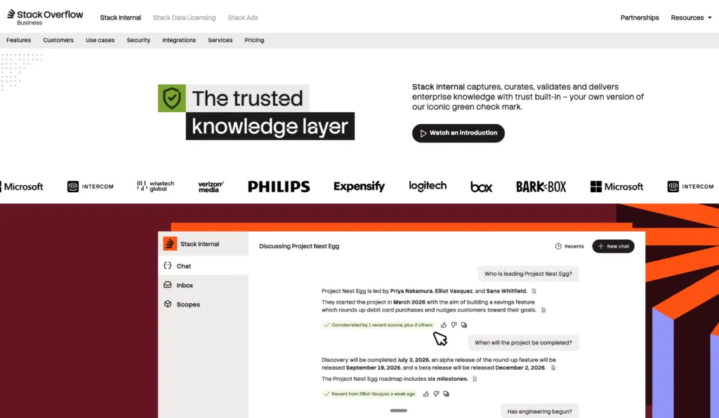 Stack Internal, formerly Stack Internal, showing internal question and answer knowledge sharing