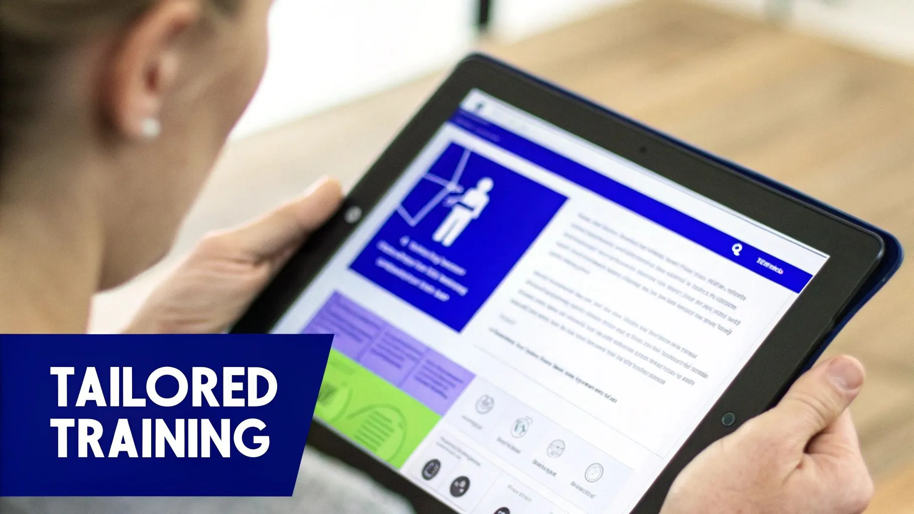 A person holds a tablet showing a digital training module with 'TAILORED TRAINING' text.