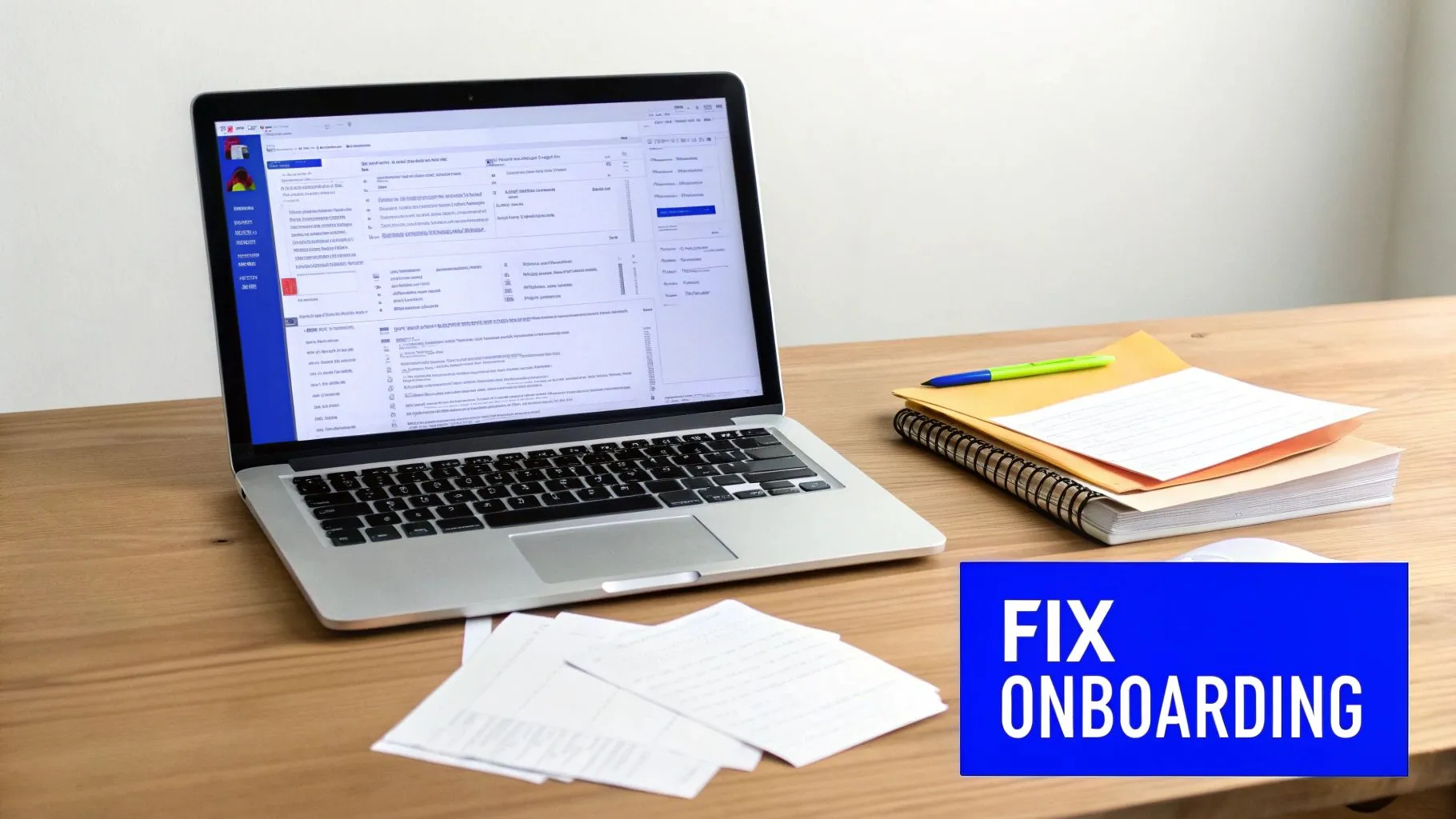 A laptop displaying a work application, papers, and a notebook on a wooden desk with "FIX ONBOARDING" text.